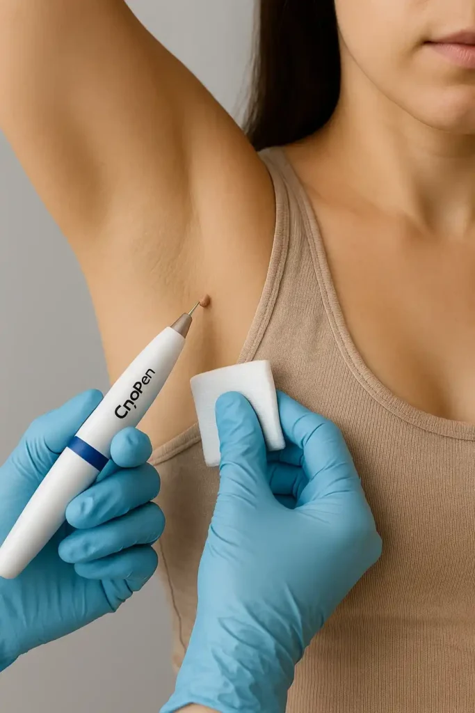 woman having cryopen to remove underarm skin tags Wilmslow