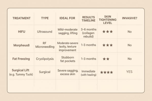 Table showing the comparisons of Skin tightening Wilmslow treatment options.